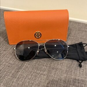 Tory Burch Silver Aviator Sunglasses with Orange Case